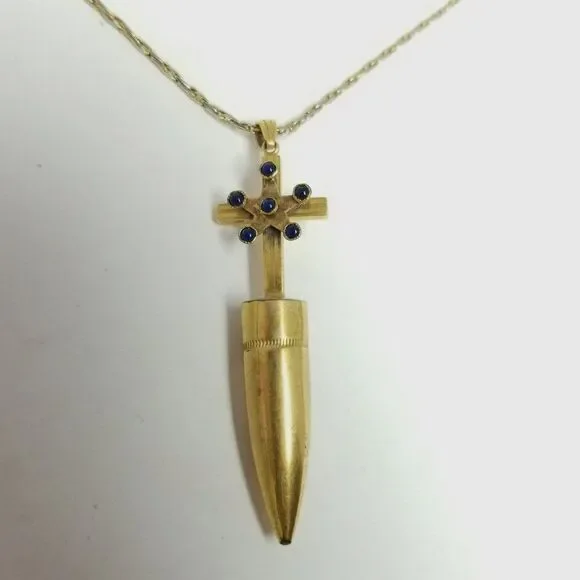 Vintage Trench Art Style Cross Pendant Necklace, Bullet Gold Tone, Chain, Estate